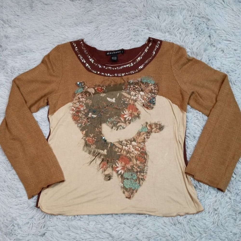 Vintage Mechant Womens Sweater Brown Large Lightweight Stretch Floral